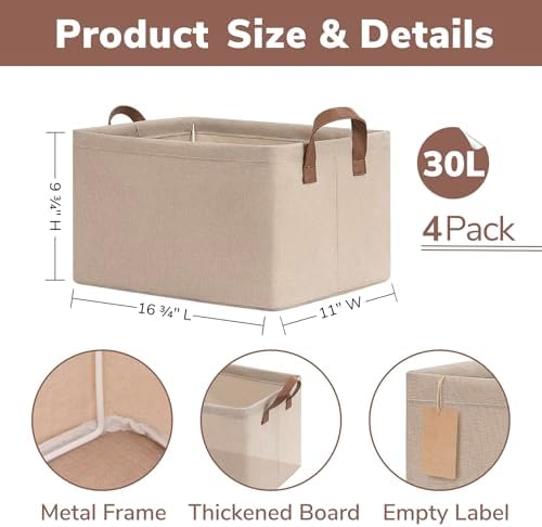 CHICVITA 30L Large Fabric Closet Baskets for Shelves, 4Pack, Brown - Image 3