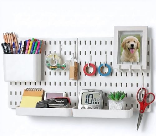 Keepo Peg Board Wall Organizer – Plastic Pegboard Panels, Modular Peg Board Storage System For Home Office, Craft Room, Gaming Setup (White, 22″×11″) by Keepo