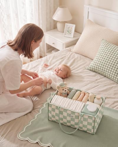 Blissful Diary Gingham Diaper Caddy Organizer, Nursery Storage, Light Green - Image 7