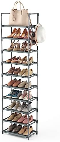LANTEFUL 10 Tiers Tall Shoe Rack 20-25 Pairs Boots Organizer Storage Sturdy Narrow Shoe Shelf for Entryway, Closets with Hooks, Grey by LANTEFULforTidyingHouse