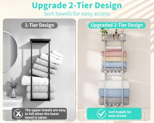 HapiRm Towel Rack Bathroom Storage - 3 Tier Over The Door & Wall Mounted Rolled Towel Racks Holder Organizer with Metal Shelf and 6 Hooks for Small Bathroom, Camper, Rv - Sliver - Image 3