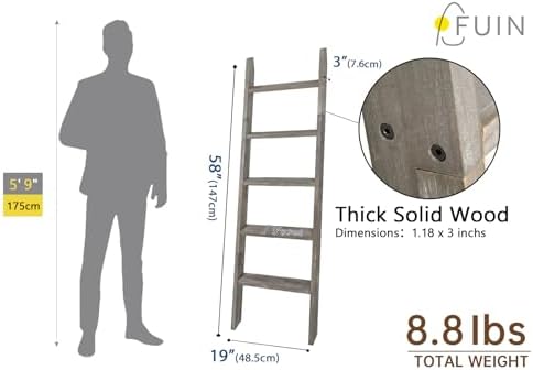 FUIN Blanket Ladder, 5ft Rectangle Rung Rustic Solid Wood Decor Rack, Grey - Image 3