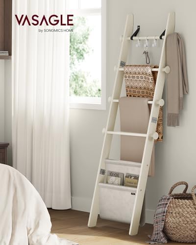 VASAGLE Blanket Ladder, 5-Tier Pine Wood Ladder Shelf with PU Leather Bag - Image 2
