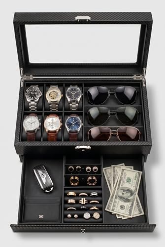 GUKA Watch box, 6 Slot Watch Case, 3 Slot Sunglass Organizer, Watch Cases for men with Real Glass Lid, Watch Organizer storage with Jewelry Case, Birthday for Men and Women, Black by GUKA