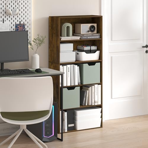 Furinno Jaya Book Shelf, 5-Tier Bookshelf, 52 Inch Tall Standing Bookcase with Adjustable Shelf, 9.5 x 23.6 x 52.6, for Home Office, Bedroom, Living Room, Amber Pine by Furinno-FitsYourSpaceFitsYourBudget