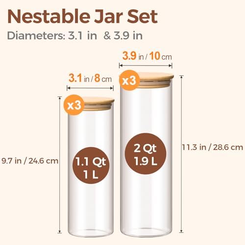 ComSaf Pasta Containers Storage 2 Qt/1.1Qt, 6 Pack Tall Glass Spaghetti Jar - Image 2