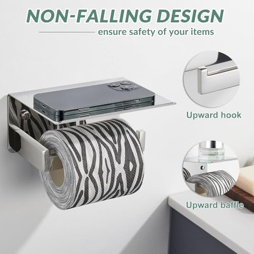 APLusee Polished Chrome Toilet Paper Holder with Phone Shelf, Wall Mounted - Image 4