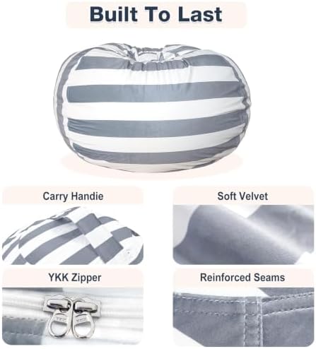 Lukeight Stuffed Animal Storage Bean Bag Chair Cover for Kids, Velvet Plush Toy Organizer Seat, Cover Only, No Filling Included, Long YKK Zipper, Side Pocket, Large 27"D x 16"H - Image 6