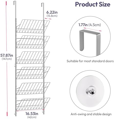 SWTYMIKI Over the Door Shoe Organizer - Adjustable 6 Tier Hanging Shoe Rack Organizer, Metal Heavy Duty Behind Door Storage or Wall Mount Shoes Shelf for Flats, Heels, Sneakers, Boots, Silver - Image 2