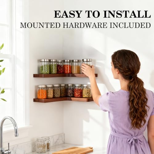 Floating Corner Shelves, Wall Shelf Set of 2, Shelves for Wall Storage, Solid Wood Shelves for Storage, Wall Mount Wooden Display Shelf for Bathroom Bedroom Kitchen Garage (Acacia 2pcs) - Image 5