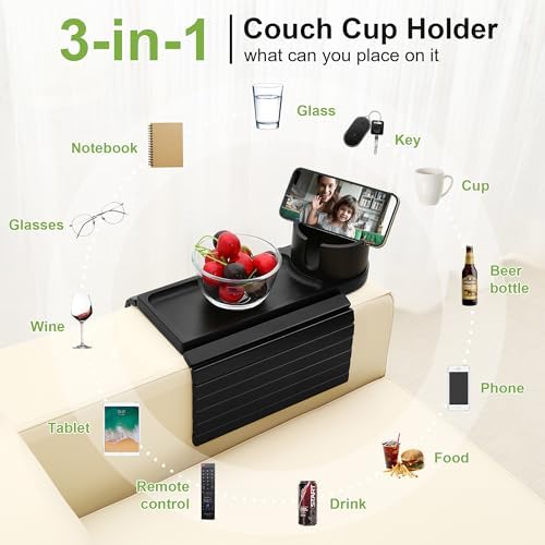 Couch Cup Holder with Phone Stand, Couch Arm Tray for Armrests Over 4.9" - Image 6