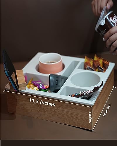 Couch Cup Holder Tray, Hitseon Silicone Bamboo Couch Caddy with Rotatable Phone Holder for Bed Car Seat Organizer, Waterproof Anti-Spill Couch Drink Holder for Snacks Beverage Remote (Black) - Image 2