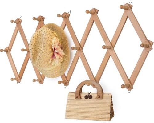 SCUNDA Wall Rack with 16 Hooks, Wooden Wall Expandable Coat Rack for Coat, Hats, Baseball Caps, Coffee Mug, Jewelry(Natural) by SCUNDAHOME