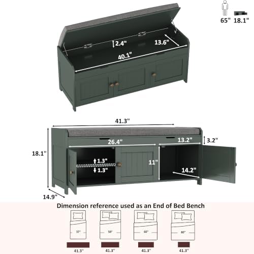 HOMEFORT 41.3" Shoe Bench with Lift Top Storage, Entryway Bench with Cushioned Seat, Wooden End of Bed Bench, Shoe Cabinet Bench with Hidden Storage Space, for Bedroom, Hallway,Green - Image 3