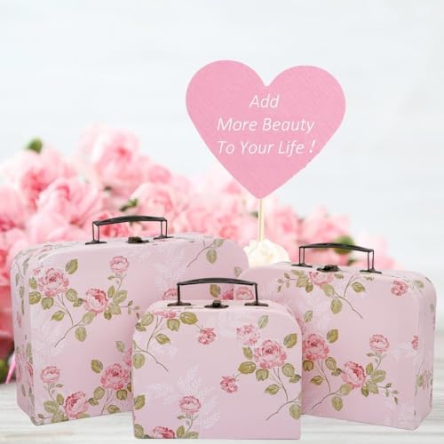Paperboard Suitcases Set of 3 Decorative Storage Boxes With Lids, Gift Boxes With Lids For Presents, Compatible with Travel Dollhouses, Wedding Card Box or New Year Decorations (Pink Flowers) - Image 5