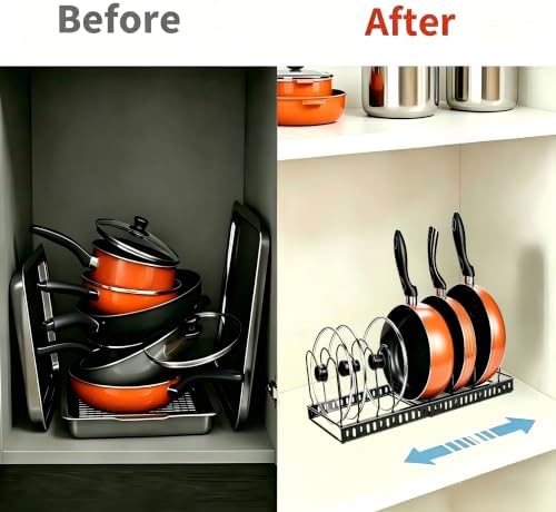 Metal Pot and Pan Organizer, 2-Section Heavy-Duty Expandable Rack, 7 Adjustable Dividers Multi-Purpose Storage for Cookware, Pot Lids, Cutting Boards & Bakeware, Cabinet & Countertop - Image 4