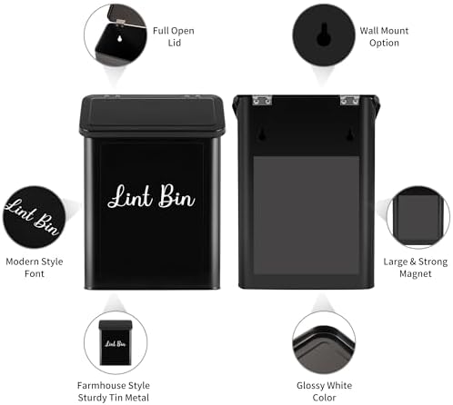 Metal Magnetic Lint Bin for Laundry Room, Wall Mounted Laundry Lint Bin with Lid & Lint Brush, Modern Farmhouse Laundry Room Decor - Image 3