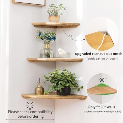 Corner Shelves, Floating Corner Shelf, Set of 2 16inch Solid Oak Wood Wall Shelves, Round End Wall Mount Display Shelf with Wire Hole for Bedroom Kitchen, Living Room (Oak, 16in 2P) - Image 3