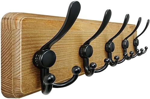 Dseap Coat Rack Wall Mount - Heavy-Duty Robust Barnwood-Style Wooden Wall Coat Hanger Hook Rail with 5 Triple Hooks for Winter Coats Hat Jacket Clothing, Weathered Brown & Black by Dseap