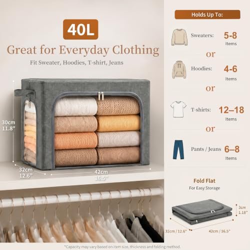 GoMaihe Clothes Storage Bins with Metal Frame for Sweaters, 40L 3-Pack Grey - Image 5
