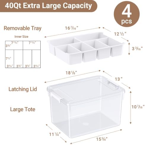 160Qt Stackable Storage Bins with Lids Trays Craft Box Organizers, 4Pack,WH - Image 2
