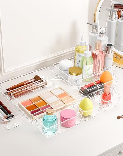 15Pcs Clear Plastic Drawer Organizers Set, 4size makeup drawer organizer trays for vanity/desk/bathroom/office/nightstand/gadgets for kitchen/desk drawer, Versatile drawer divider storage bins - Image 2