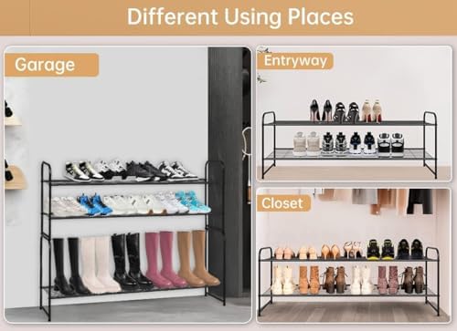KEETDY 2-Tier Long Shoe Rack for Closet Metal Shoe Organizer for Entryway, Wide Stackable Shoe Storage Shelf with Sturdy Wire Grid for Closet Floor, Bedroom, Black - Image 7