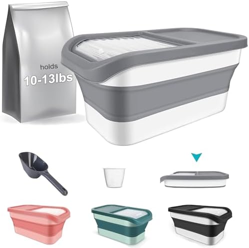 Pet Food Storage Containers, Collapsible Cat Food Container with Transparent Sliding Lid,10-13 lb Plastic Dog Food Bin with Measuring Cup and Dog Food Scoop by YECERCAN