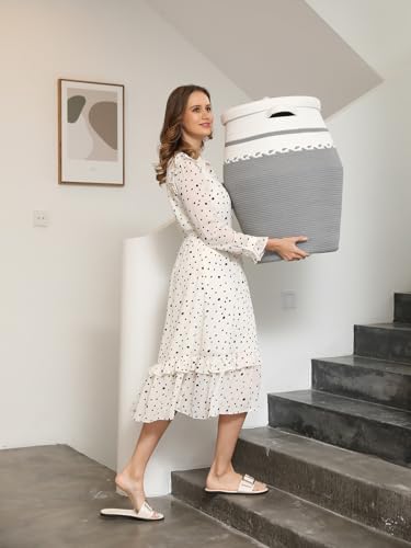 26"x20" Cottonphant Extra Large Tall Woven Laundry Basket with Lid, Cotton Rope Blanket Storage Basket, Freestanding Decorative Bin for Bedroom Living Room, White & Grey - Image 2