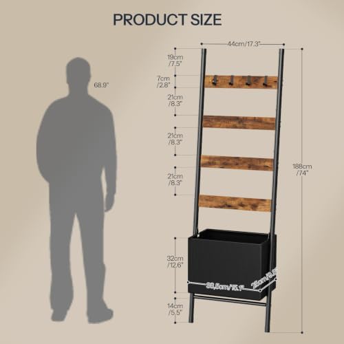 HOOBRO Blanket Ladder with Basket, 17.3" L x 74" H, Towel Rack with Hooks, Blanket Holder Rack, Decorative Ladder Shelf, Drying and Display Rack for Bathroom, Living Room, Rustic Brown BF111CJ01 - Image 5
