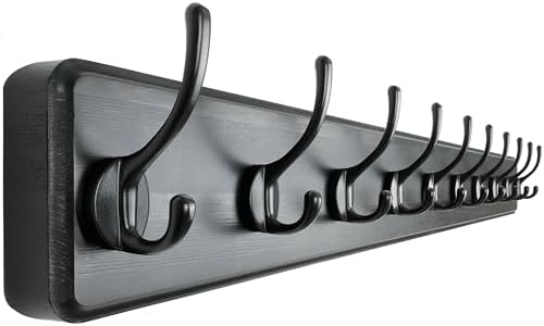 Dseap Coat Rack Wall: 38-1/4" Long, Patented, Heavy-Duty, 10-Double-Hooks Wooden Wall Mounted Coat Rack Coat Hanger Hook Rail for Winter Coats Hat Jacket Clothing, Black by Dseap