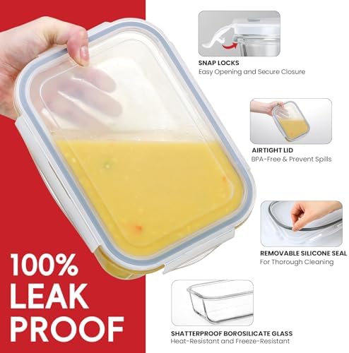 4 Pack 8 Cups/ 63oz Large Glass Storage Containers with Lids, Meal Prep Containers, Glass Food Storage with Airtight Lid for Baking, Leak Proof & Microwave, Oven Safe (4 Containers + 4 Lids) - Image 4