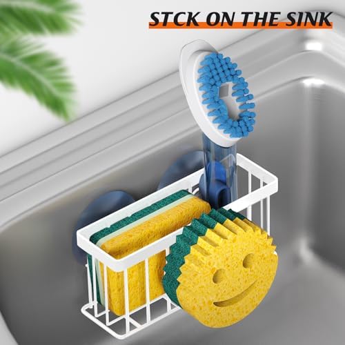 Sponge Holder Smiley Face, Sink Organizer with 2 Suction Cups/1 Adhesive Strips, Designed for Sponge, Soap, Dish Brush, Scrubber - White - Image 5