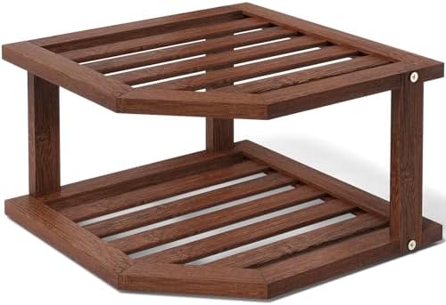 VERTORGAN 2 Tier Bamboo Plate Organizer,Corner Shelf for Kitchen(Brown by VERTORGAN