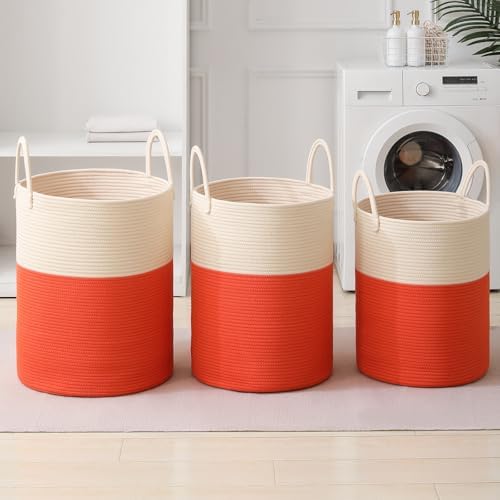 Woven Laundry Hamper Tall Rope Storage Basket for Blanket oys Dirty Clothes in Living Room Bathroom Bedroom (White&Orange, 100L/26.4Gal) - Image 7