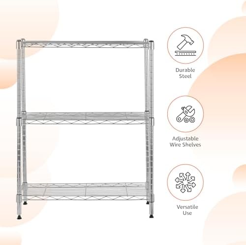 Amazon Basics 3-Shelf Adjustable Heavy Duty Steel Wire Shelving Rack with Chrome Finish, No-Tool Assembly, 250 lbs per Shelf, 23.2" L x 13.4" W x 30" H - Image 2