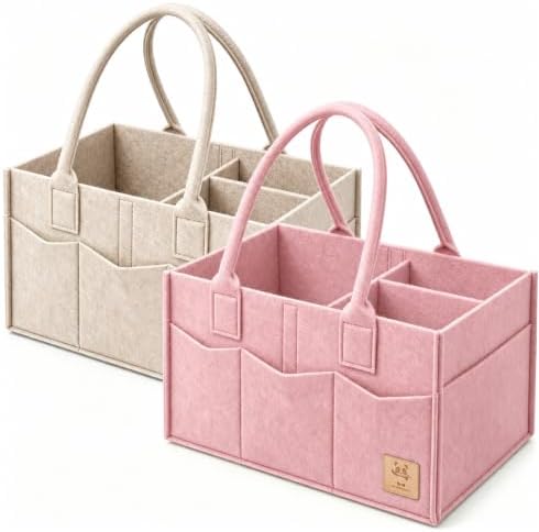 HIPHOP PANDA 2-Pack Diaper Caddy Organizer - Nursery Storage Bin & Car Organizer for Diapers, Wipes, and Baby Essentials - Dual-Color Solid Set (Pink/Oatmeal), Regular Size by HIPHOPPANDA