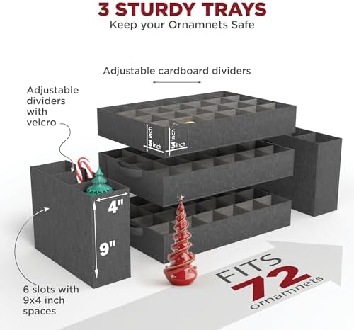 Premium Christmas Ornament Storage Box – Holds up to 72-3” Ornaments + 6 Side Slots for Figurines & Nutcrackers – Holiday Decoration Organizer – Durable 600D Grey Canvas - Image 3
