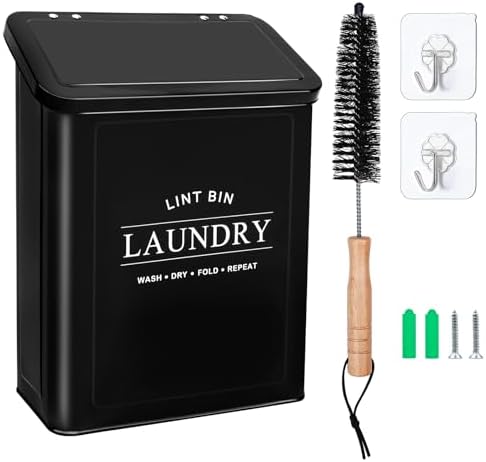 Fantasyon Magnetic Lint Bin with Lint Brush for Laundry Room Decor Farmhouse Rustic Metal Wall Mounted Lint Box Holder Keeper Organization Lint Trash Can with lid for Dryer (black) by Fantasyon