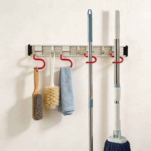 Wall Mounted Mop and Broom Holder Stainless Steel S Type Broom Rack Anti-Slip Mop Organizer (34Inches,8 Positions 6 Hooks, Red White) - Image 4