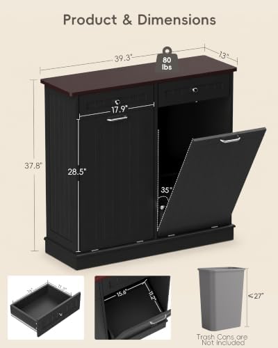 Betterhood 2 x 13 Gallon Tilt Out Trash Cabinet with 2 Big Storage Drawer, Solid Wooden Trash Garbage Can Cabinet, Mid-Century Modern Recycling Cabinet & Laundry Sorter for Kitchen Dining Room, Black - Image 4