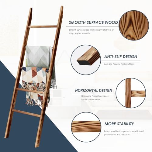 5-Tier Blanket Ladder Wooden, 5.3FT(63'') Blanket Quilt Holder Rack Decorative Ladders, Easy Assembly, Rustic Farmhouse Ladder Shelf for The Living Room Bedroom Bathroom Home Decor, Brown - Image 3