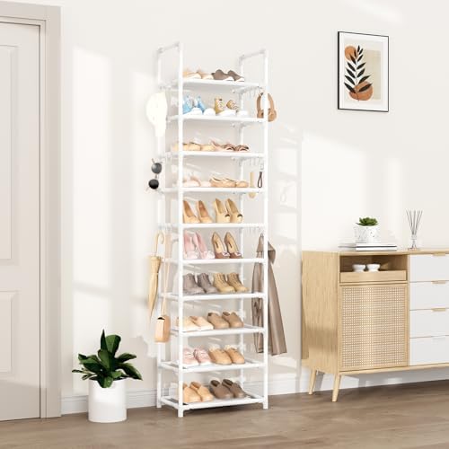 VTRIN 10 Tiers Tall Shoe Rack Holds 20-25 Pairs of Shoes Sturdy Vertical Shoe Organizer with 18pcs Hooks Stackable Narrow Shoe Rack for Closet, Entryway White - Image 2