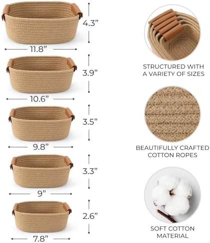 Beautiful Storage Basket Set of 5 - Sturdy Jute Rope Baskets for Shelves - Image 3