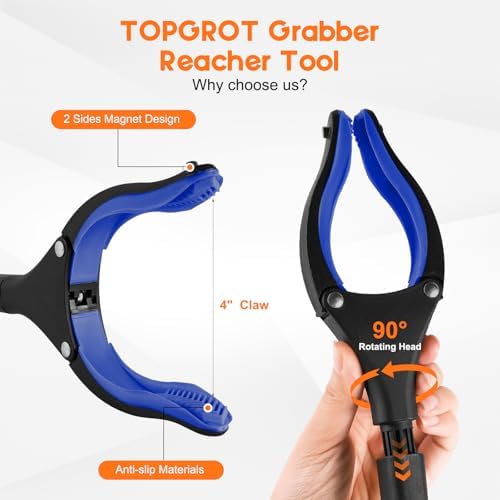 2-Pack Grabber Reacher Tool, 34" Foldable Reacher Grabber Pickup Tool with 90° Anti-Slip Rotating Jaw & Magnets, 4" Wide Claw Opening Reachers for Seniors, Trash Picker Tool - Image 2