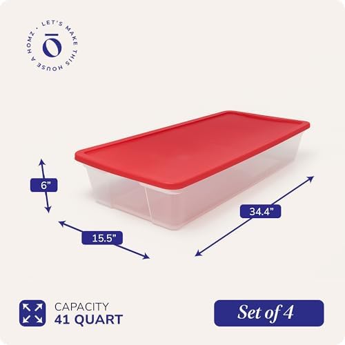 HOMZ Holiday Tote Plastic Storage Bin with Lid, 41 Qt, Clear/Red, 4 Pack - Image 4