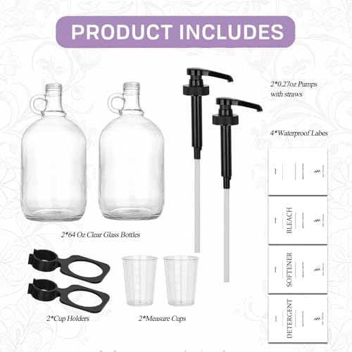2 Pcs Glass Liquid Laundry Detergent Dispenser with Cup Holders, Half Gallon Dispenser for Laundry Room (64 oz. Each), Laundry Detergent Bottles with Pump Dispenser - (Black Pumps) - Image 3