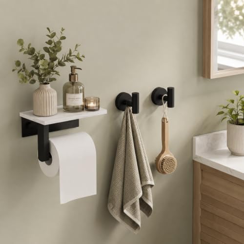 BWE Matte Black Toilet Paper Holder with Marble Shelf Wall Mounted - Image 2