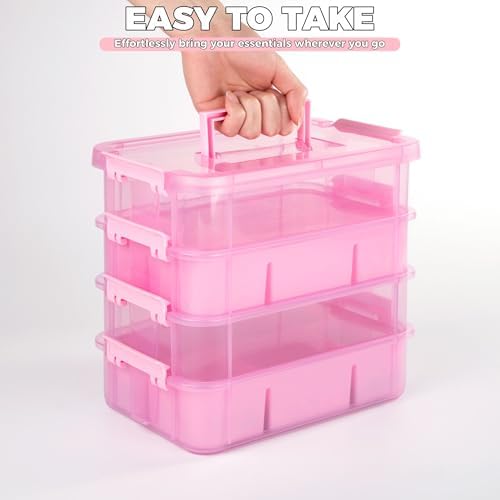 CraftGenes Art Supply Storage Organizer, 4-Tier 10 Qt Box, 2 Trays, Pink - Image 5