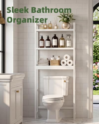 SMIBUY Bathroom Storage Shelf, Bamboo Over-The-Toilet Organizer Rack, Freestanding Toilet Space Saver with 3-Tier Adjustable Shelves (White) - Image 3